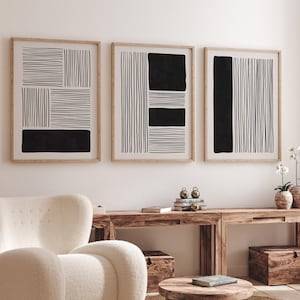 Modern Geometric Wall Art Print Set, 3 Piece Black & White Abstract Poster Set, Minimal Japandi Wall Prints, Printable Scandinavian Wall Set