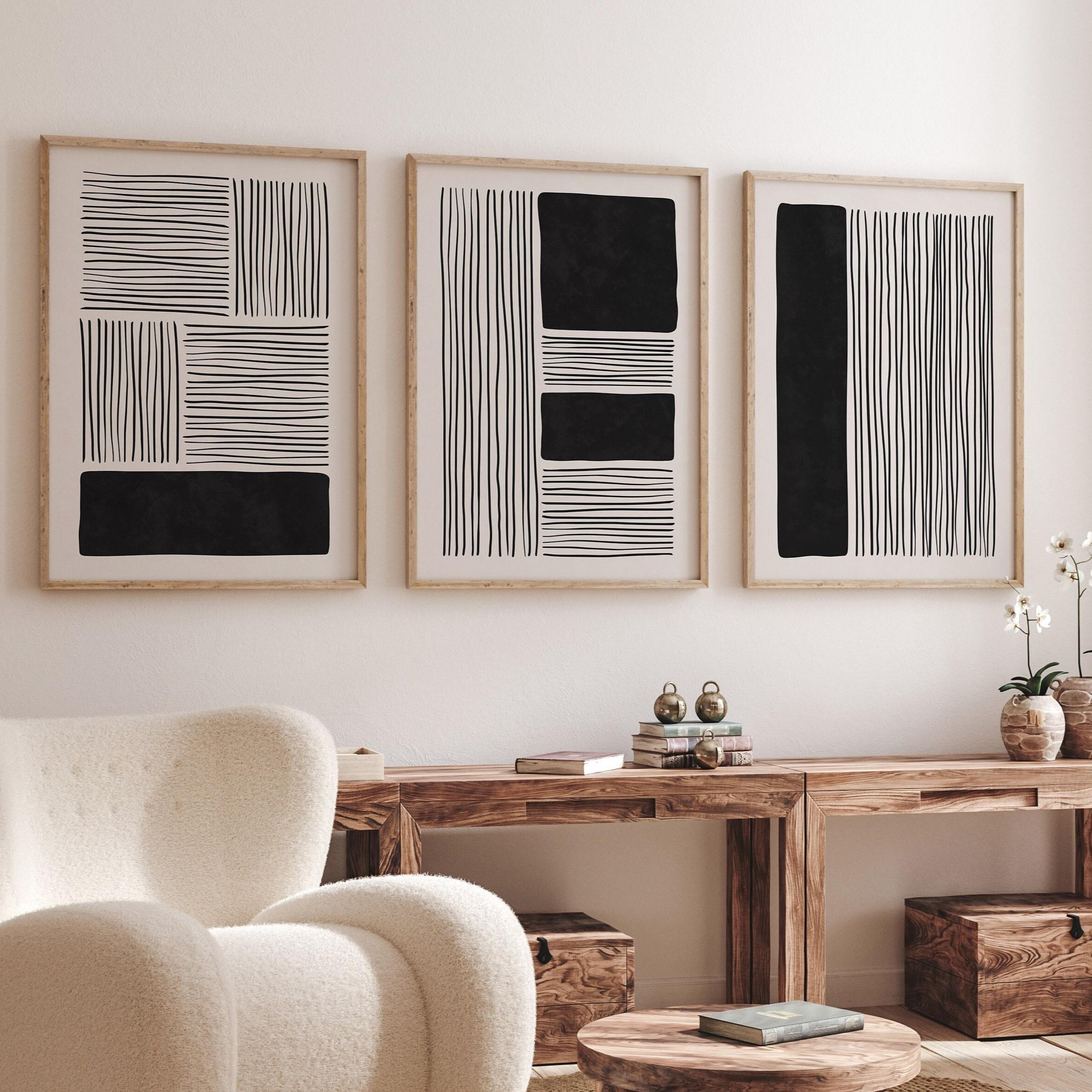 Modern Geometric Wall Art Print Set, 3 Piece Black & White Abstract ...