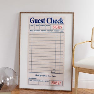May include: A vintage-style guest check with a beige background and blue and red text. The check has columns for date, table, guests, server, and a section for items ordered. The check also includes a guest receipt section with columns for date, amount, guests, and server. The check has the number 518327 printed in red at the top and bottom.