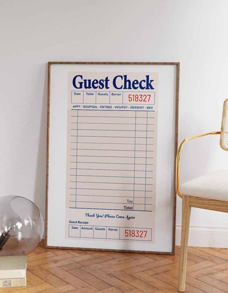May include: A vintage-style guest check with a beige background and blue and red text. The check has columns for date, table, guests, server, and a section for items ordered. The check also includes a guest receipt section with columns for date, amount, guests, and server. The check has the number 518327 printed in red at the top and bottom.