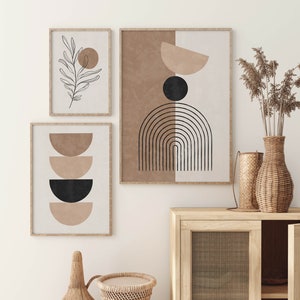 Mid Century Modern Boho Prints Set of 3, Neutral Beige Geometric Wall ...