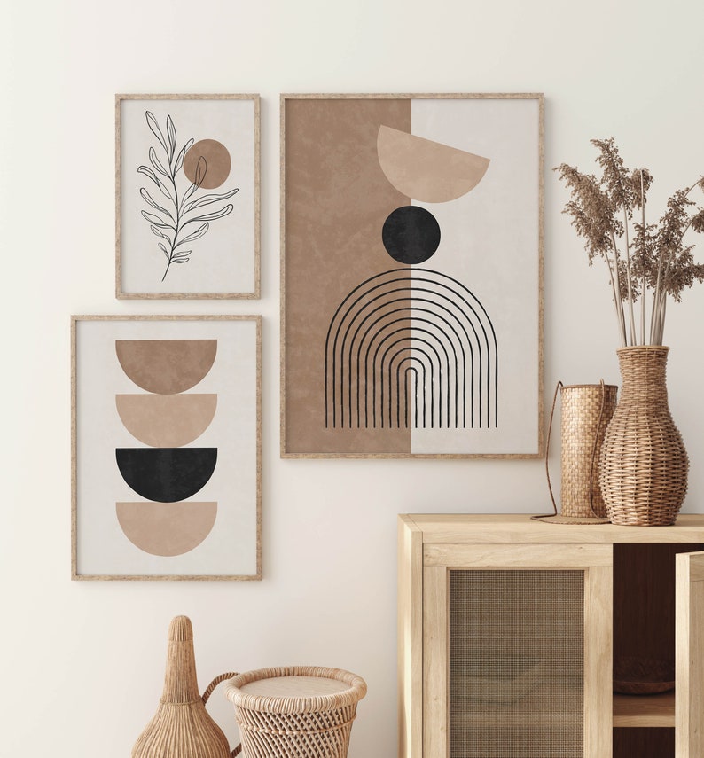 Mid Century Modern Boho Prints Set of 3, Neutral Beige Geometric Wall ...