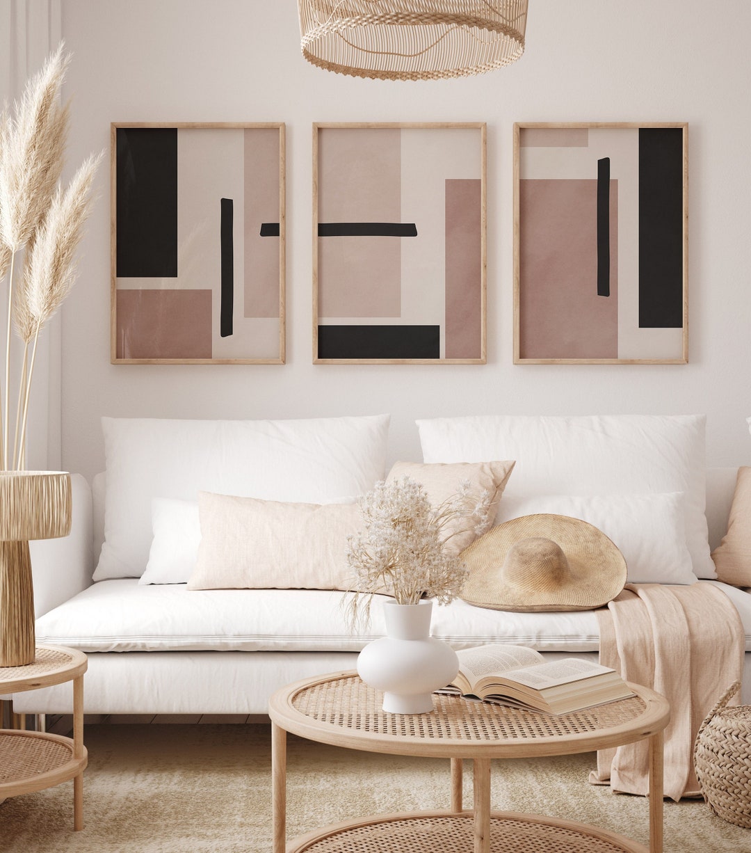 Set of 3 Abstract Wall Art, Dusty Pink and Black Prints, Mid Century ...