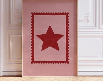 Red Retro Hand Drawn Star Wall Art, Trendy Y2K Aesthetic Printable Ofice Decor, Trendy Girly Dorm  Art Poster, Pink Preppy Cool Bar Cart Art