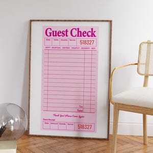 May include: A pink printable guest check with the text "Guest Check" in a bold pink font. The check has columns for date, table, guests, server, and a check number of 518327. The check also has a section for appetizers, soup/salad, entree, vegetables, dessert, and beverages. The bottom of the check has a section for guest receipt with columns for date, amount, guests, and server. The check number is 518327. The text "Thank You! Please Come Again" is printed in pink at the bottom of the check.