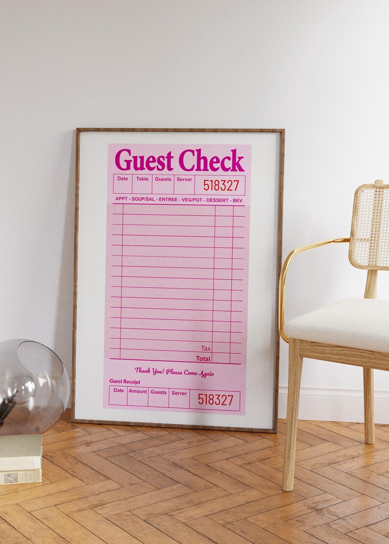 May include: A pink printable guest check with the text "Guest Check" in a bold pink font. The check has columns for date, table, guests, server, and a check number of 518327. The check also has a section for appetizers, soup/salad, entree, vegetables, dessert, and beverages. The bottom of the check has a section for guest receipt with columns for date, amount, guests, and server. The check number is 518327. The text "Thank You! Please Come Again" is printed in pink at the bottom of the check.
