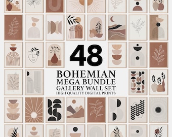 Boho Gallery Wall Mega Bundle Art Print | 48PCS Bohemian & Mid Century Modern Posters | Minimalist Room Decor | Printable Neutral Wall Decor