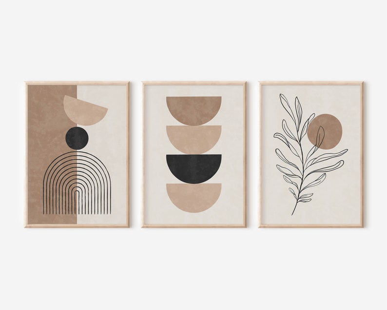 Mid Century Modern Boho Prints Set of 3, Neutral Beige Geometric Wall ...