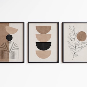 Mid Century Modern Boho Prints Set of 3, Neutral Beige Geometric Wall ...