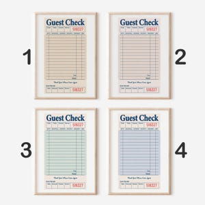 May include: Four printable guest check templates with a retro design. Each template features a different color scheme: beige, light blue, green, and gray. The text "Guest Check" is in blue with the number "518327" in red.