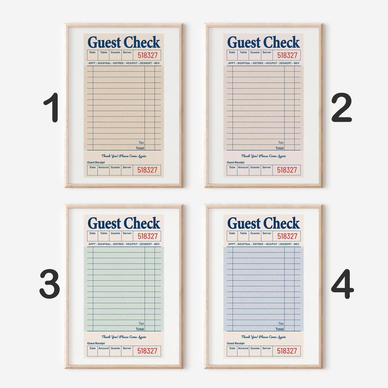 May include: Four printable guest check templates with a retro design. Each template features a different color scheme: beige, light blue, green, and gray. The text "Guest Check" is in blue with the number "518327" in red.