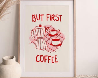 Retro Coffee Print, Moka Pot and Espresso Cups Posteri Cafe Wall Decor (Digital Download)