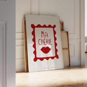 Ma Chérie Poster, trendige Wohnung Wandkunst, kokettes Zimmer Dekor, 70er Jahre rot weiß Stempel Poster, adrette, handgemalte Drucke, französische Retro Zitate