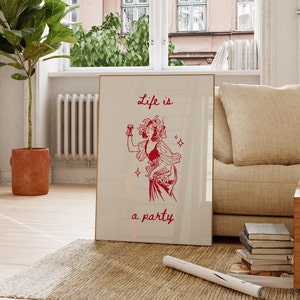 Life Is A Party Quotes Poster, Retro Wine Print, Funky Bar Cart Wall Decor, Apartment Preppy Print, Drinks Wall Decor, Bar Kitchen Poster