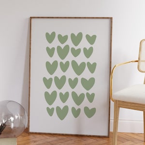 Sage Green Hearts Preppy Printable Poster, Abstract Hand Drawn Hearts Prints, Funky Room Girly Poster, Y2K Cute Pop Art Apartment Wall Decor