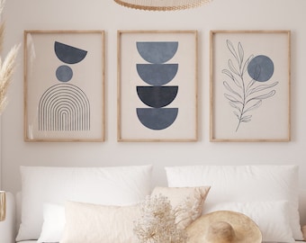 Boho Navy Blue Abstract Prints, Geometric Art Set of 3 (Digital Download)