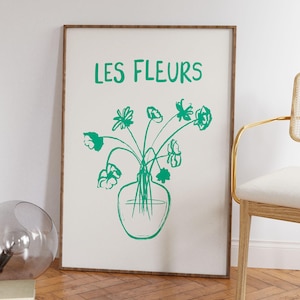 Póster de jarrón de flores verde dibujado a mano, póster de Les Fleurs retro preppy, decoración minimalista de apartamentos de moda