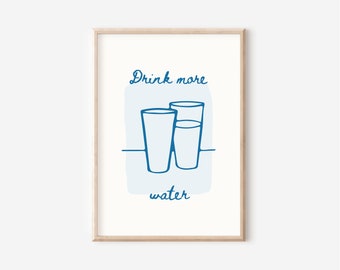 Drink More Water Art Print - Minimalist Blue Kitchen Wall Decor for Healthy Habits and Wellness