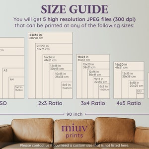 Pu&ograve; includere: Guida alle taglie con varie dimensioni di stampa in pollici e centimetri. Include formati come 24x36 pollici (60x90 cm), 16x20 pollici (41x51 cm) e 11x14 pollici (28x35 cm). Il grafico mostra anche i rapporti ISO, 2x3, 3x4, 4x5 e 11x14.