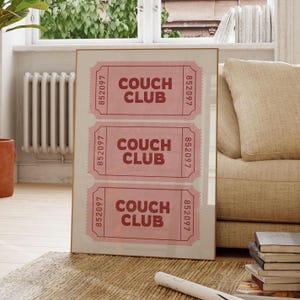 Preppy Red Pink Bar Cart Art, Trendy Ticket Art Posters, Trendy College Girl Decor, Funky Apartment Wall Art, Retro Couch Club Ticket Print