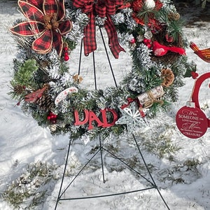 Frosted Red Poinsettia and Pine Cones Evergreen Wreath on a Tripod Metal  Stand Christmas Cemetery Wreath Winter Decoration 