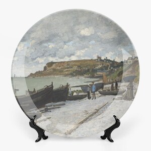 Assiettes décoratives en céramique représentant la plage de Monet - Décoration murale impressionniste côtière - Assiettes en porcelaine anglaise bord de mer française
