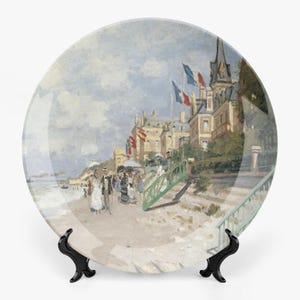 Assiettes décoratives en céramique représentant la plage de Monet - Décoration murale impressionniste côtière - Assiettes en porcelaine anglaise bord de mer française