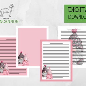 Conjunto de papelaria Gnomos Dia dos Namorados | 16 páginas para download instantâneo e impressão em casa | Amor, corações e personagens fofos | Carta dos EUA em PDF