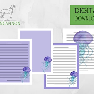 Conjunto de papelaria para impressão | Tema fofo sob o mar com água-viva, golfinho, narval | 12 páginas, download instantâneo | Carta dos EUA em PDF