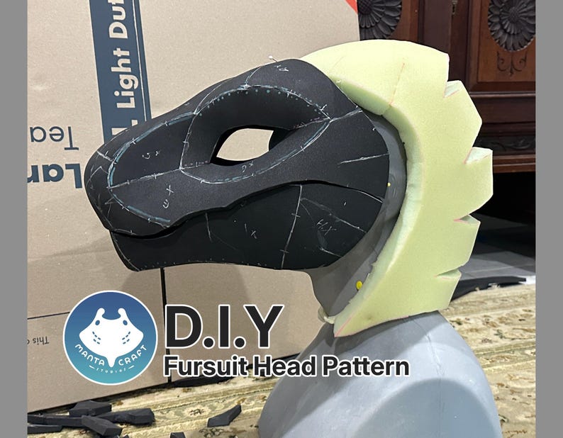 May include: A DIY fursuit head pattern with a black foam base and a light green foam crest. The pattern is labeled "DIY Fursuit Head Pattern".