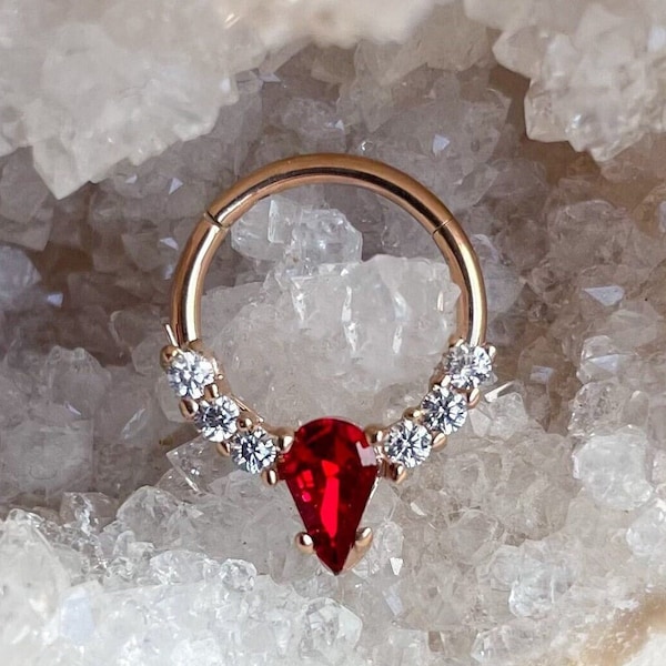 16G Red Drop Shape Cut CZ Clicker Hoop, Surgical Steel Red CZ Septum Ring, Gold Septum Hoop, Daith Earring, Conch Hoop, Helix Hoop