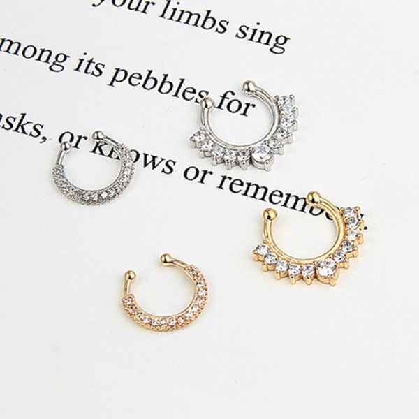 Fake diamond nose ring, fake septum ring hoop, Gold/Silver color faux nose ring