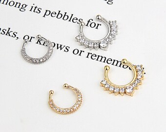 Fake diamond nose ring, fake septum ring hoop, Gold/Silver color faux nose ring