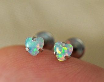 16G Heart Opal Labret, Flat Back Earring, Labret Ring For Lip Piercing, Gem Stone Lip Ring Stud, Snake Bites Piercing, 6mm/8mm/10mm/12mm