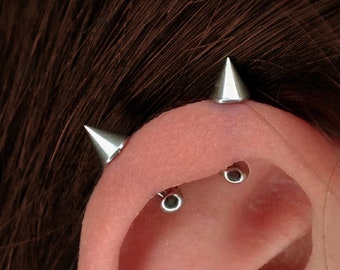 Boucle d'oreille cartilage boule et pointes en argent 16G, bijoux piercing hélix pointes en argent, boucle d'oreille hélice pointes, boucle d'oreille cartilage, haltère industriel