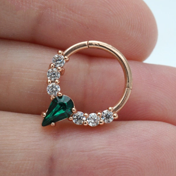 16G Emerald Drop Shaped Cut CZ Clicker Hoop, Surgical Steel Green CZ Septum Ring, Rose Gold Septum Hoop, Daith Earring, Emerald Helix Hoop