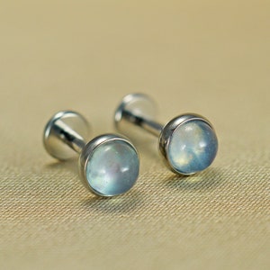 16G 18G Titanium Aquamarine Gemstone Labret, Natural Blue Gemstone Cartilage Earring, Aquamarine Flatback Helix Earring, Flat Back Earring