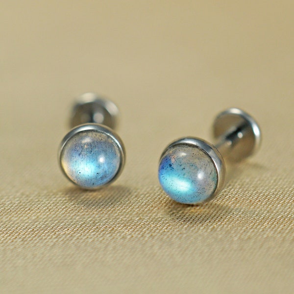 16G 18G Titanium Moonstone Gemstone Labret, Natural Gray Moonstone Cartilage Earring, Gemstone Flatback Helix Earring, Flat Back Earring