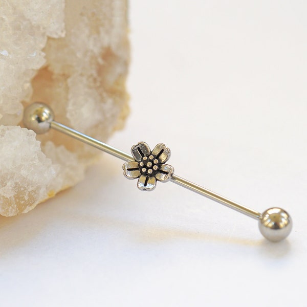 16G Silver Flower Industrial Barbell, Vintage 5 Petal Flower Barbell for Industrial Piercing, Scaffold Earring, 38mm Silver industrial bar