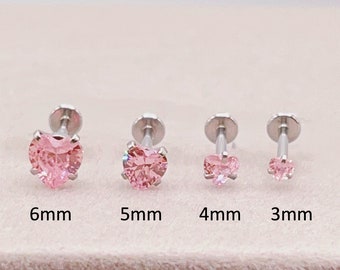 16G Pink Heart CZ Lip Ring, 3/4/5/6mm Flat Back Surgical Steel Labret Ring, Pink Cubic Zirconia Lip Stud, Flat Back Stud for Labret Piercing