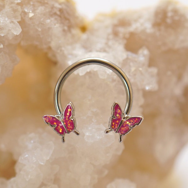 16G Butterfly Horseshoe Hoop, Pink/Blue/Purple/Gray Nose Ring, Silver Butterfly Daith Earring, Daith Piercing Jewelry, Septum Piercing