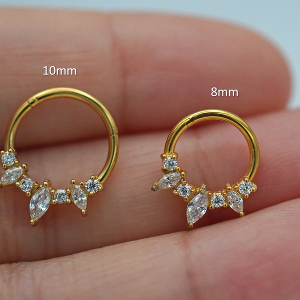 16G Gold/Silver Marquise CZ Hinged Septum Nose Hoop, Septum Ring, CZ Daith Clicker, Daith Earring Hoop, Nose Ring, Nose Piercing Jewelry