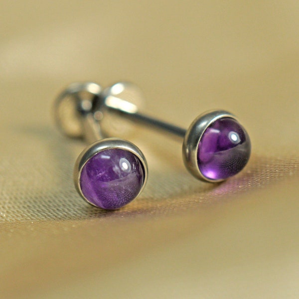16G 18G Titanium Natural Amethyst Gemstone Labret, Natural Purple Gemstone Cartilage Earring, Flat Back Helix Earring • Labret Stud