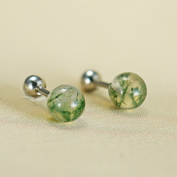 Natural Moss Agate Ball Earrings, Moss Agate Earring Stud, Helix Earring/Cartilage Earring/Conch earring/Tragus earring, Moss Agate Jewelry