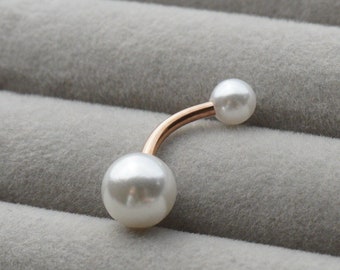 14G Surgical Steel Pearl Belly Button Ring, Double Pearls Belly Button Jewelry, Pearl Navel Ring for Belly Button Piercing, 10mm Bar