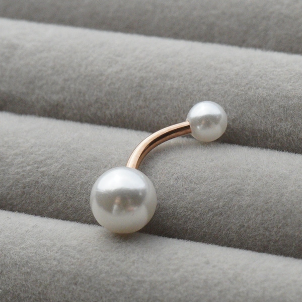 14G Surgical Steel Pearl Belly Button Ring, Double Pearls Belly Button Jewelry, Pearl Navel Ring for Belly Button Piercing, 10mm Bar