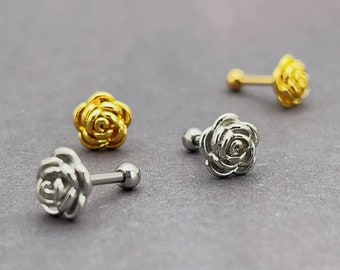 16G Rose Earring Stud, Gold/Silver Surgical Steel Flower Stud, Flower Cartilage Earring /Conch Earring/ Daith Earring/Helix Earring