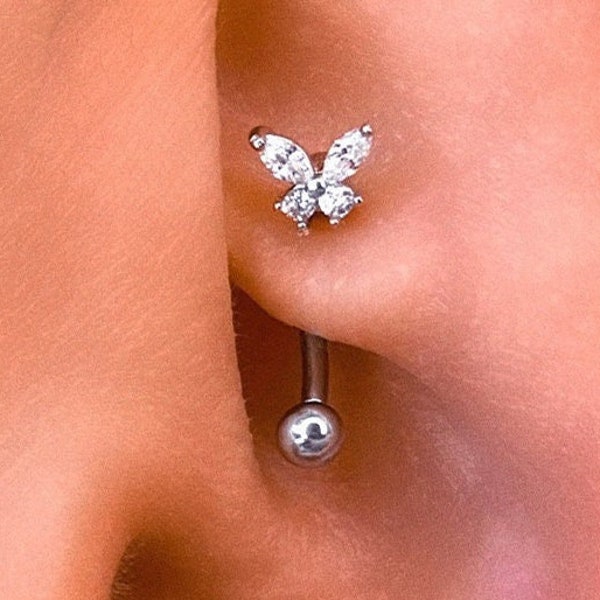 16G CZ Butterfly Rook Earring, Silver/Gold Rook piercing, Gem Stone Rook Jewelry, Silver Rook Earring, Cartilage Piercing Jewelry
