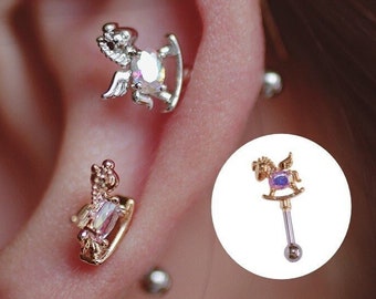 16G Cute Unicorn Cartilage Earring, Silver/Rose Gold Unicorn Barbell,  Helix Earring, CZ Helix Stud Earring, Cartilage Piercing Jewelry