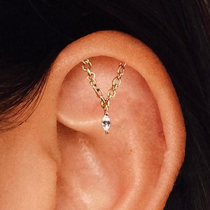 20G 925 Sterling Silver Gold Top Helix Chain Piercing, 18K Gold Plated Hidden Helix Piercing, Dangle Helix Earring, Briolette/Marquise CZ